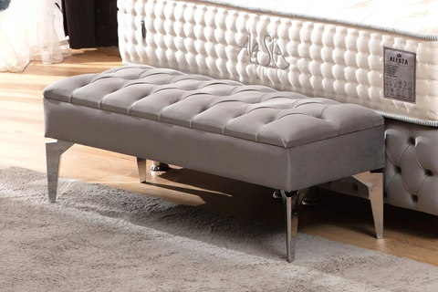Banquette Coffre Capitonné - Velours Gris